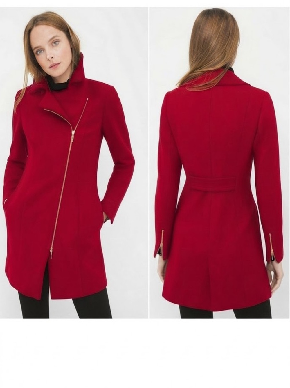 White House Black Market Red Asymmetrical Zip Wool Blend Coat
